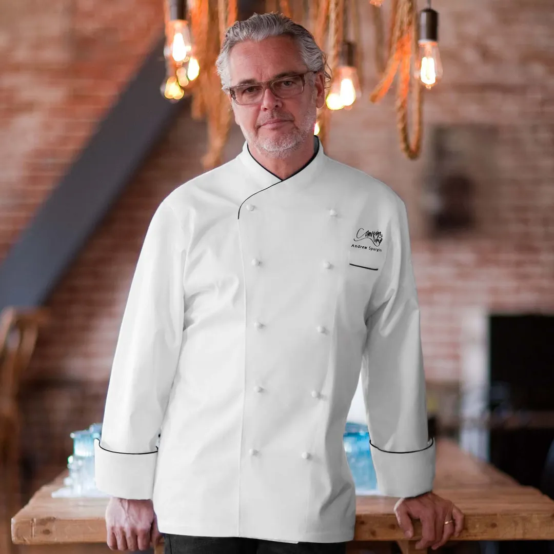 Chef Works ECCB-WHT-46 Double‑Breasted Chef Coat, Size 46, Super Comb 120 Cotton, White/Black Piping