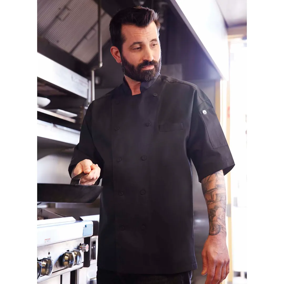 Chef Works EWCV-BLK-L Palermo Chef Coat, Large Black Short Sleeve, Double‑Breasted, Cool Vent™ Pleat