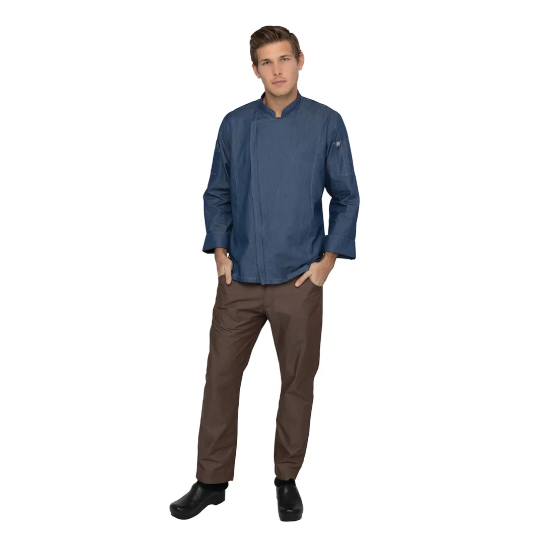 Chef Works EXDZ001-IBL-L Gramercy Chef Coat, Indigo Blue, Single‑Breasted, Roll‑Up, 2‑Way Zipper