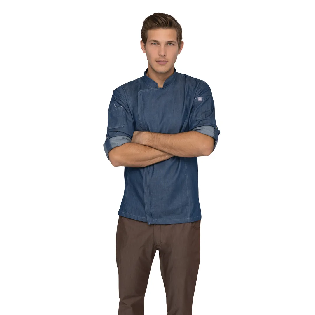Chef Works EXDZ001-IBL-M Gramercy Chef Coat, Indigo Denim, 100% Cotton, Zipper, Apron Holder