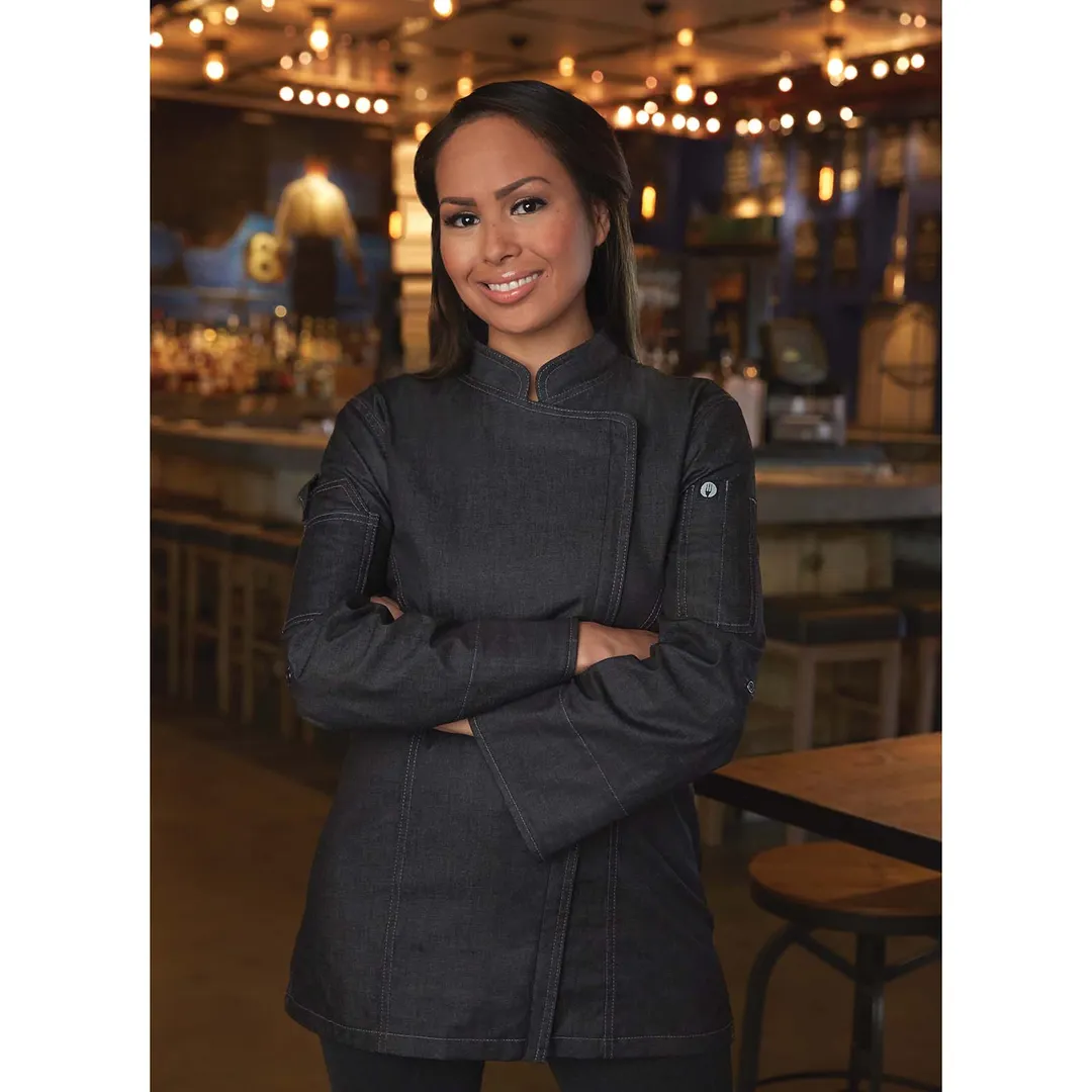 Chef Works EXWDZ002-BLK-2XL Chef Coat, 2XL Black 100% Cotton Denim, Roll‑Up Sleeves, 2‑Way Zipper
