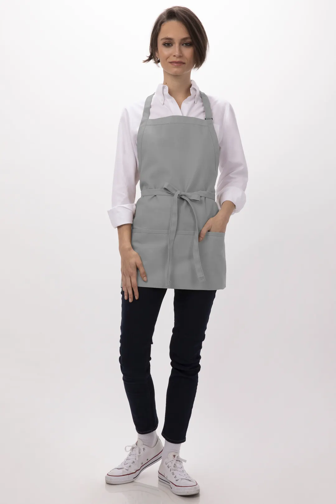 Chef Works F10-GRY-0 Bib Apron, 24"L x 27-1/2"W, Adjustable Neck, 3 Pockets, 65/35 Poly/Cotton, Gray