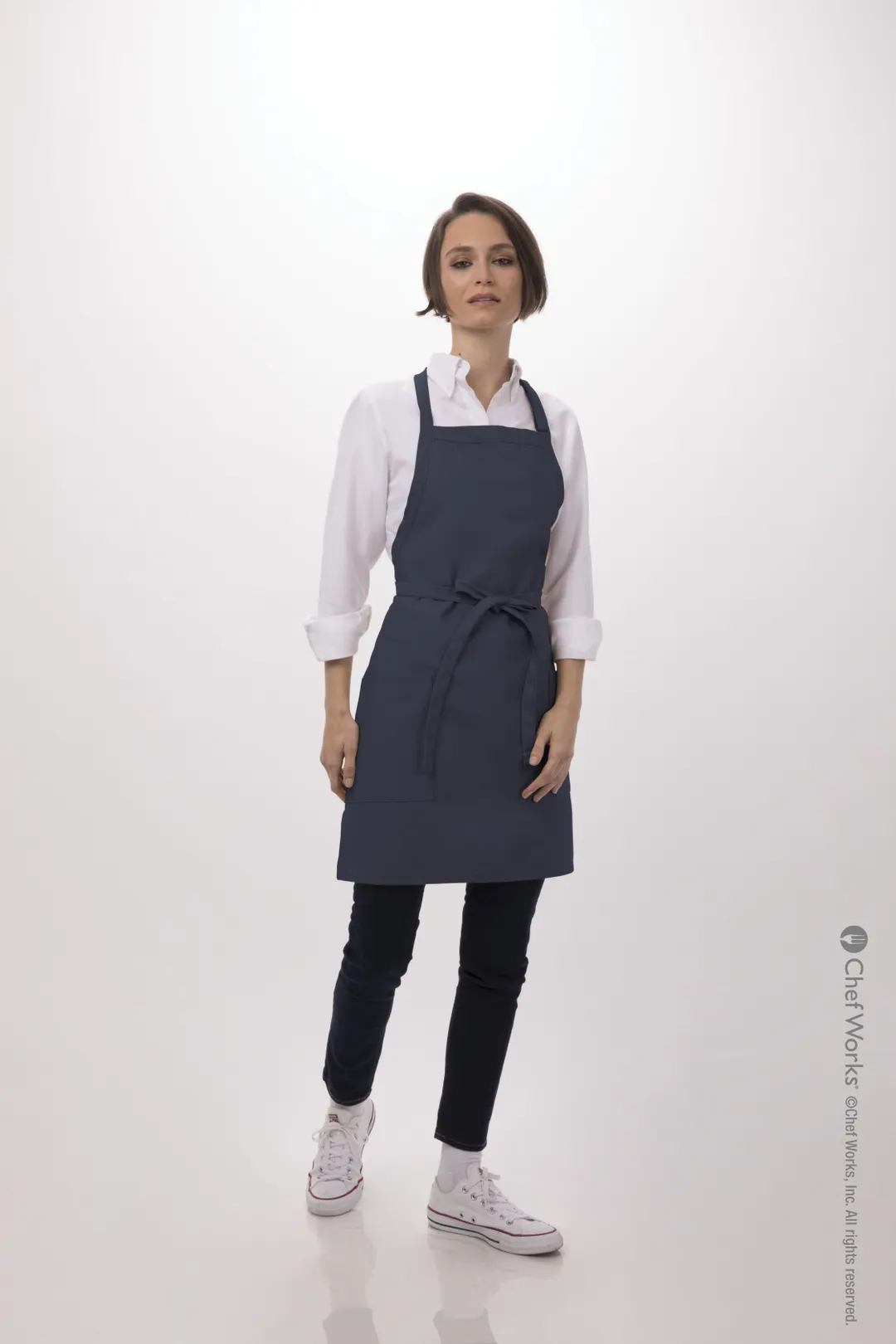 Chef Works F53 NAV-0 Bib Apron, 30-1/2"L x 24"W, Adjustable Neck, 2 Pockets, 65/35 Poly Cotton, Navy