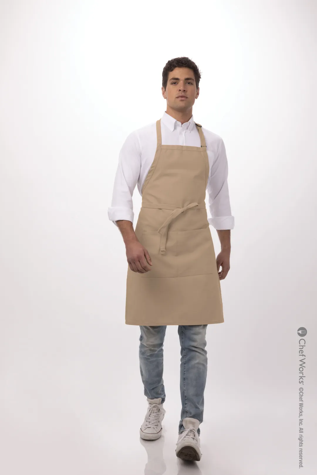 Chef Works F8-KHA-0 Bib Apron, 34"L x 24"W, Neck Buckle, Patch Pocket, 65/35 Poly/Cotton, Khaki