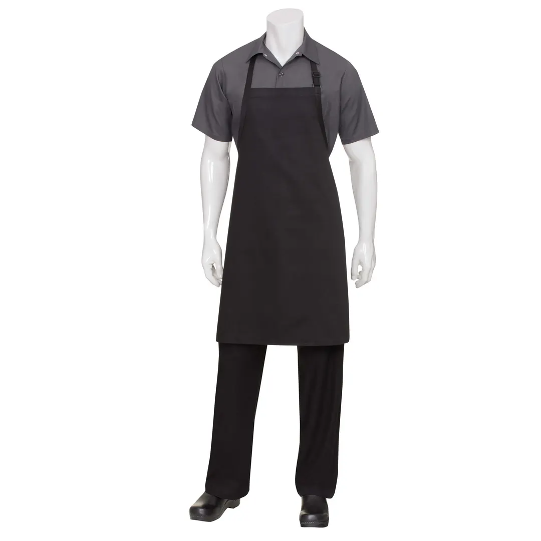 Chef Works F8NP-BLK-0 Bib Apron, 34"L x 24"W, Adjustable Neck Strap, No Pocket, 65/35 Poly/Cotton, Black