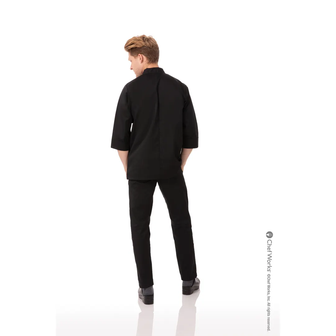 Chef Works JLCL-BLK-5XL - Morocco Double‑Breasted Chef Coat, 5XL Black, 65/35 Poly‑Cotton Twill, 3/4 Sleeve, Cloth‑Covered Buttons, Chest Patch & Thermometer Pockets