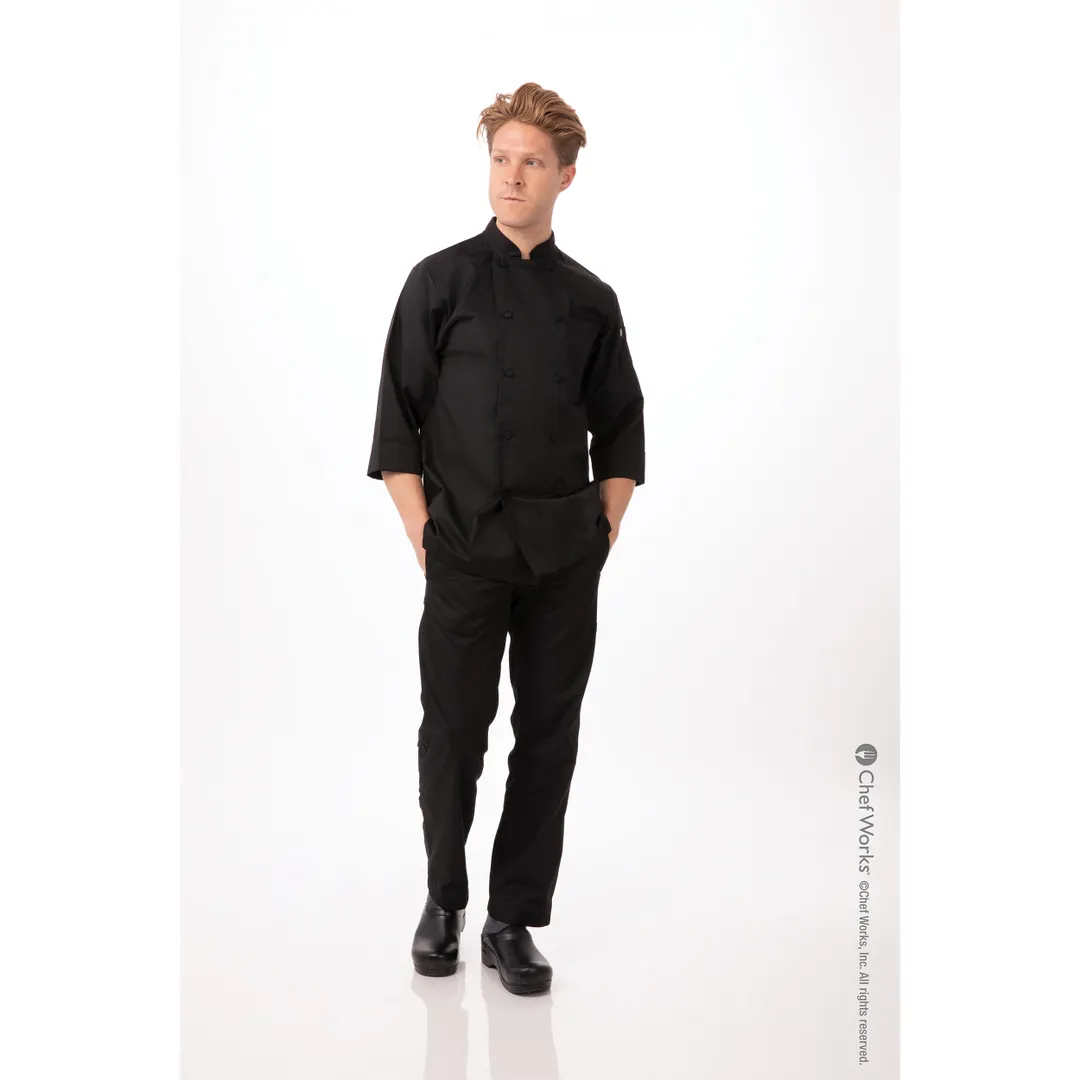 Chef Works JLCL-BLK-5XL - Morocco Double‑Breasted Chef Coat, 5XL Black, 65/35 Poly‑Cotton Twill, 3/4 Sleeve, Cloth‑Covered Buttons, Chest Patch & Thermometer Pockets