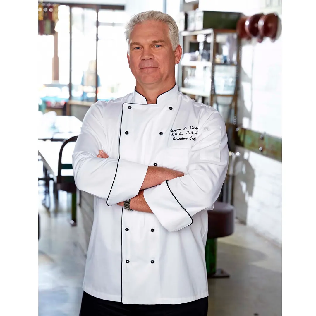 Chef Works MICC-WHT-M Newport Chef Coat, Medium, White with Black Piping, Poly‑Cotton, Long Sleeves