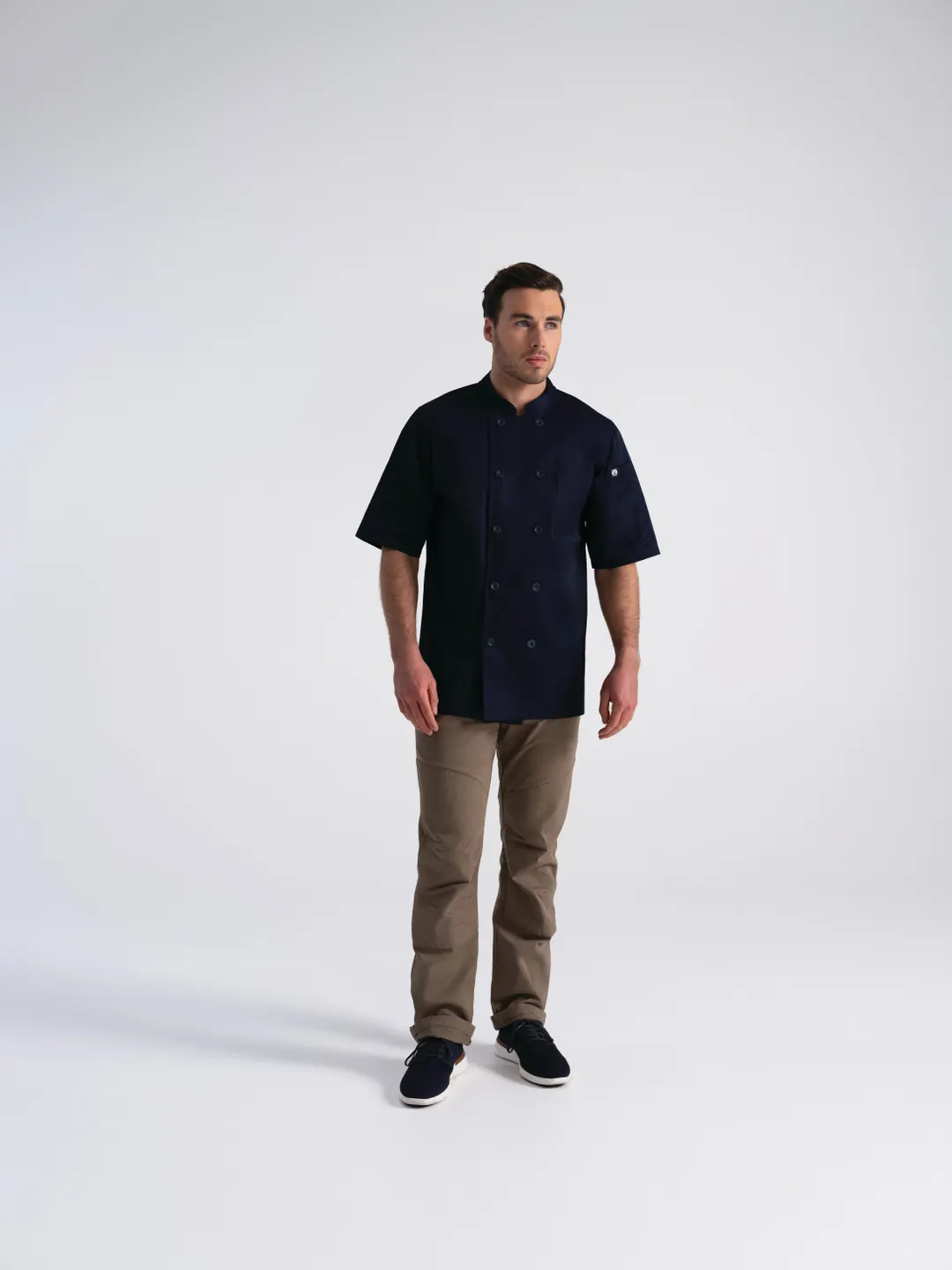 Chef Works PCSS-NAV-S Volnay Chef Coat, Navy Poly/Cotton, Size S, Patch & Thermometer Pocket