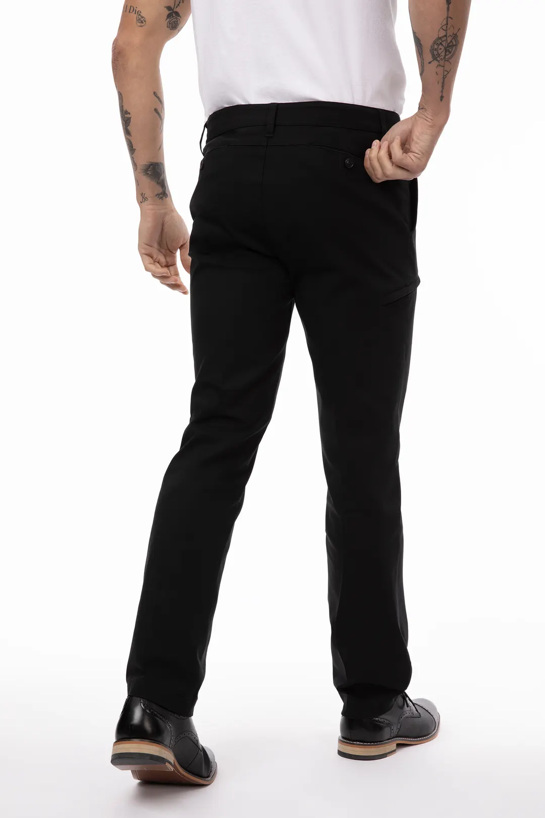 Chef Works PEC02-BLK-40 - EZ Fit Chino Stretch Chef Pants, Size 40, 55/39/6 Cotton/Poly/Elastane Blend, Black, Four‑Way Stretch, Adjustable Waistband with Jigger Button, Two Back Inset Pockets, Right Leg Zipper Pocket