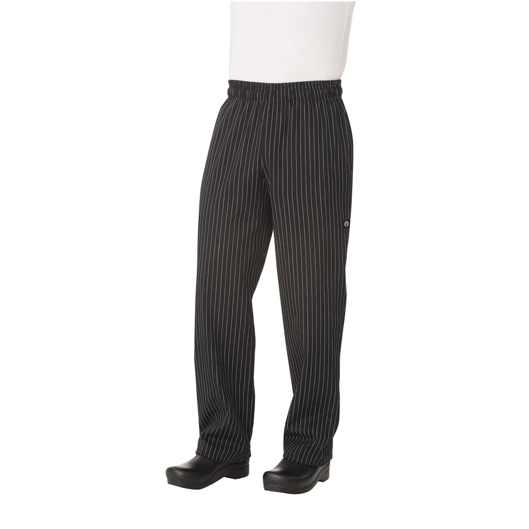 Chef Works PINB-000-XS Pants, XSmall Black with White Pin Stripes, Poly/Cotton, Baggy Waistband