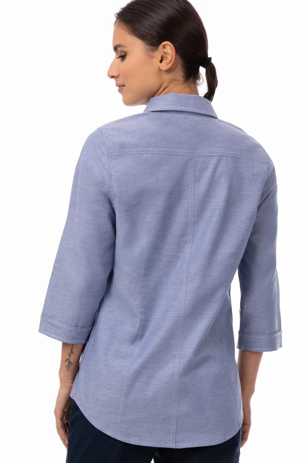 Chef Works SES01W-BLU-M Modern Oxford Cook Shirt, Medium, Blue, Poly/Cotton/Elastane, 3/4 Sleeve