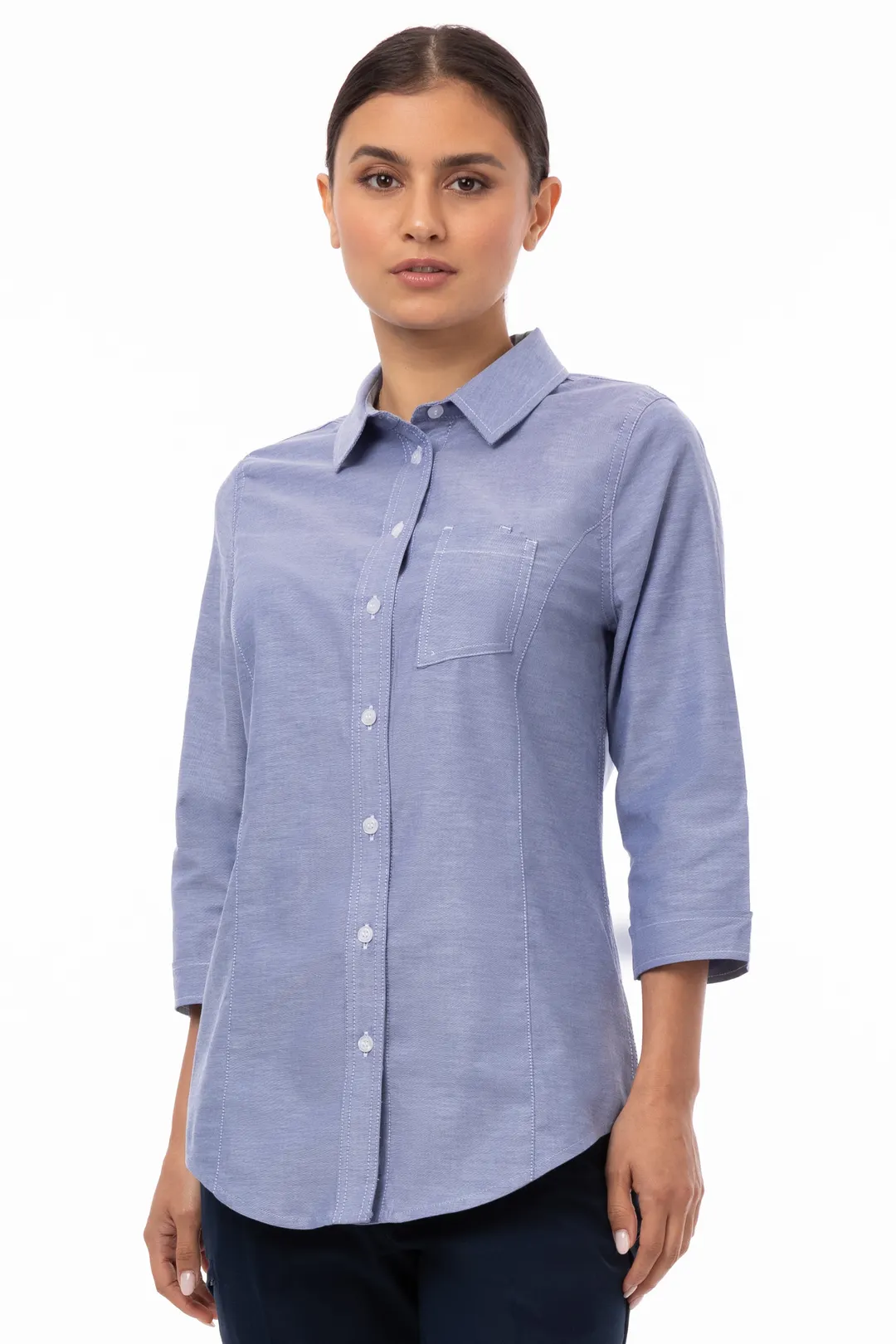 Chef Works SES01W-BLU-XL Oxford Cook Shirt, XL, Blue, Poly/Cotton/Elastane, Snap Front Closure