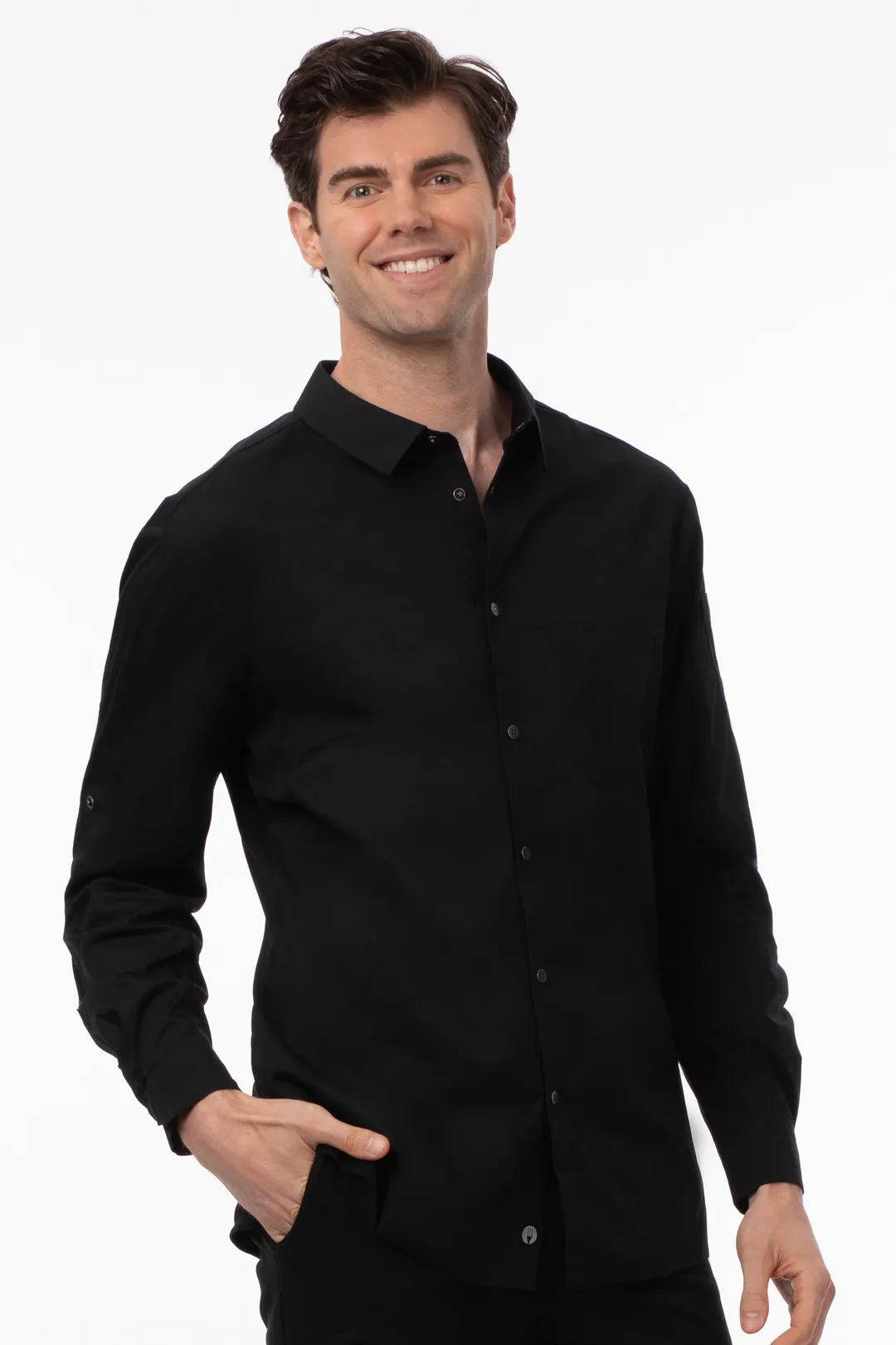 Chef Works SES02-BLK-L Men's Seville Cook Shirt, Large, Black, Poly/Cotton, Snap Front, Knit Panels