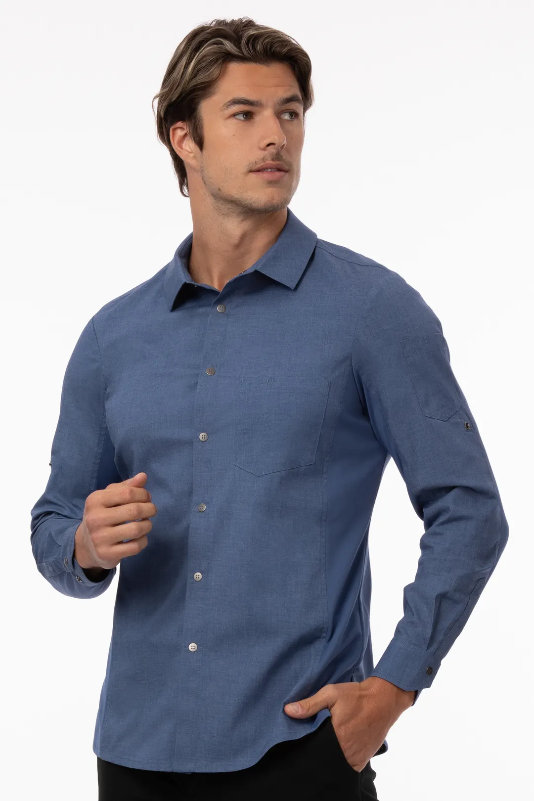 Chef Works SES02-BLU-L Men's Seville Shirt, Large, Blue, Poly/Cotton/Elastane, Sleeve, Button Front