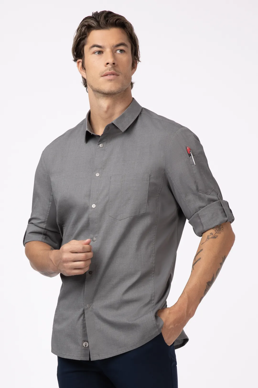 Chef Works SES02-GRY-S Men's Seville Cook Shirt, Small, Gray, Poly/Cotton/Elastane