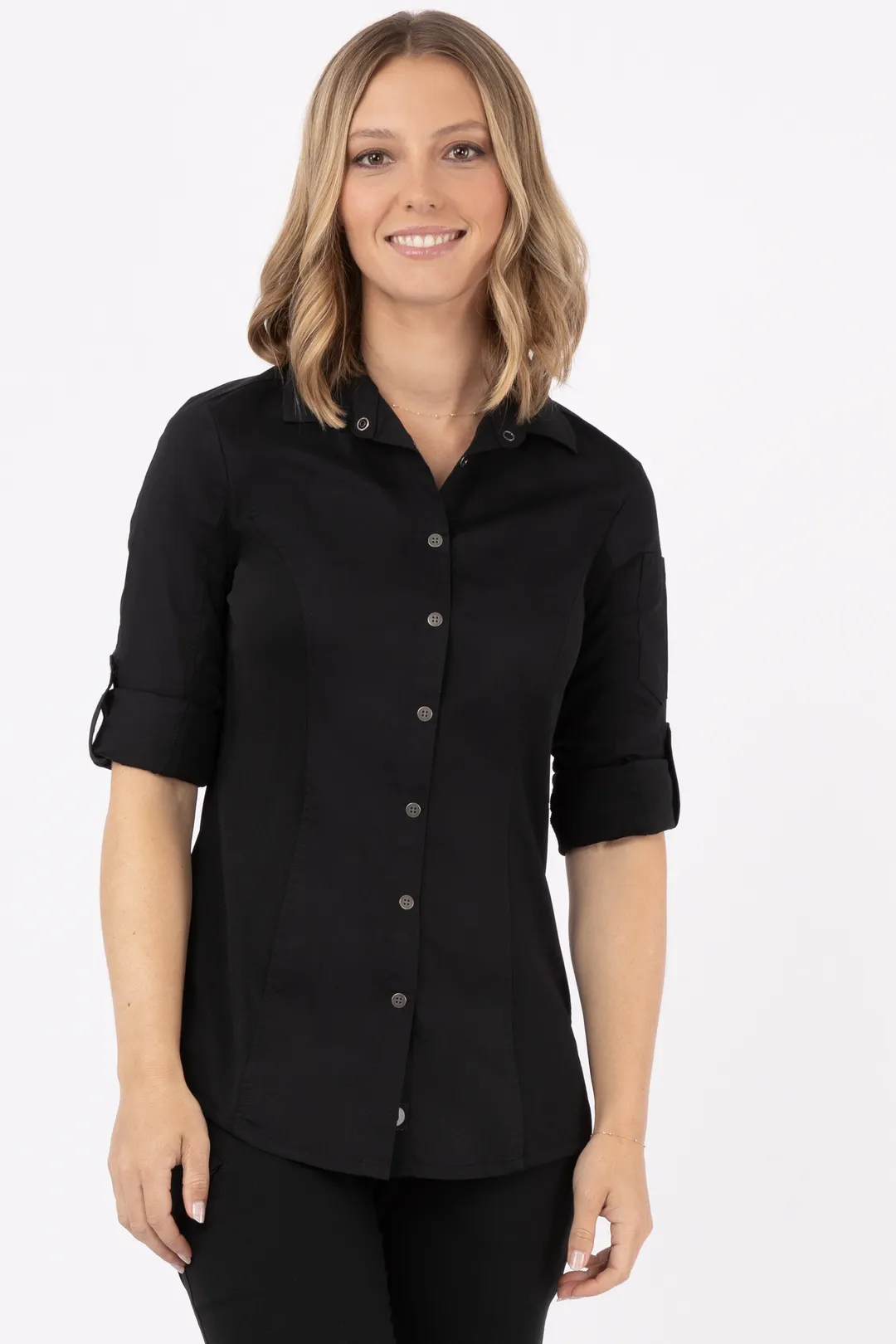Chef Works SES02W-BLK-3XL Women's Seville Cook Shirt Black 3XL Poly/Cotton Long Sleeve Snap Closure