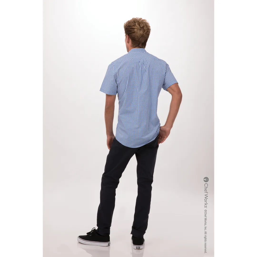 Chef Works SHC02-BLU-4XL Men's Gingham Cook Shirt, Short Sleeves, Blue, 4XL, 65/35 Poly/Cotton