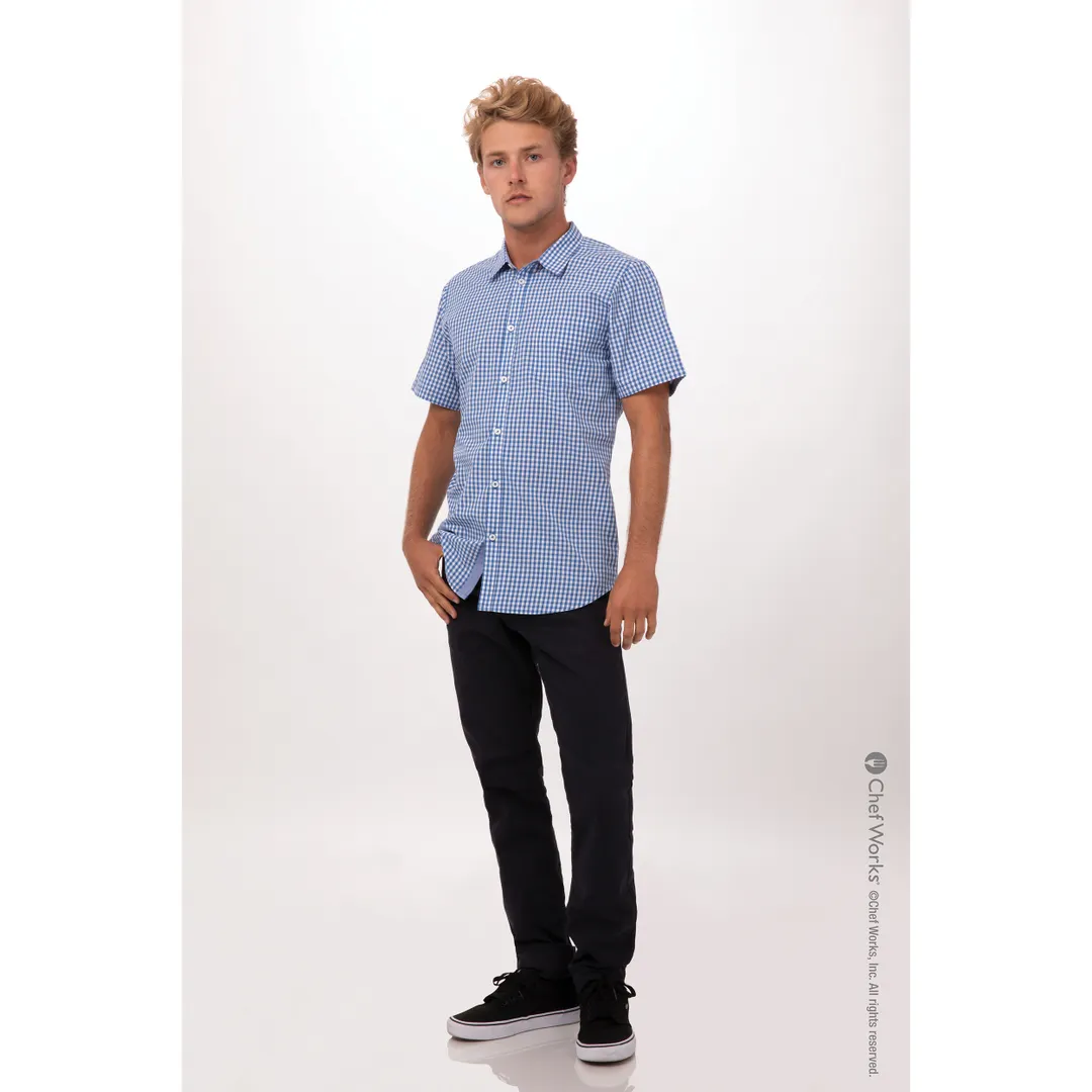 Chef Works SHC02-BLU-4XL Men's Gingham Cook Shirt, Short Sleeves, Blue, 4XL, 65/35 Poly/Cotton