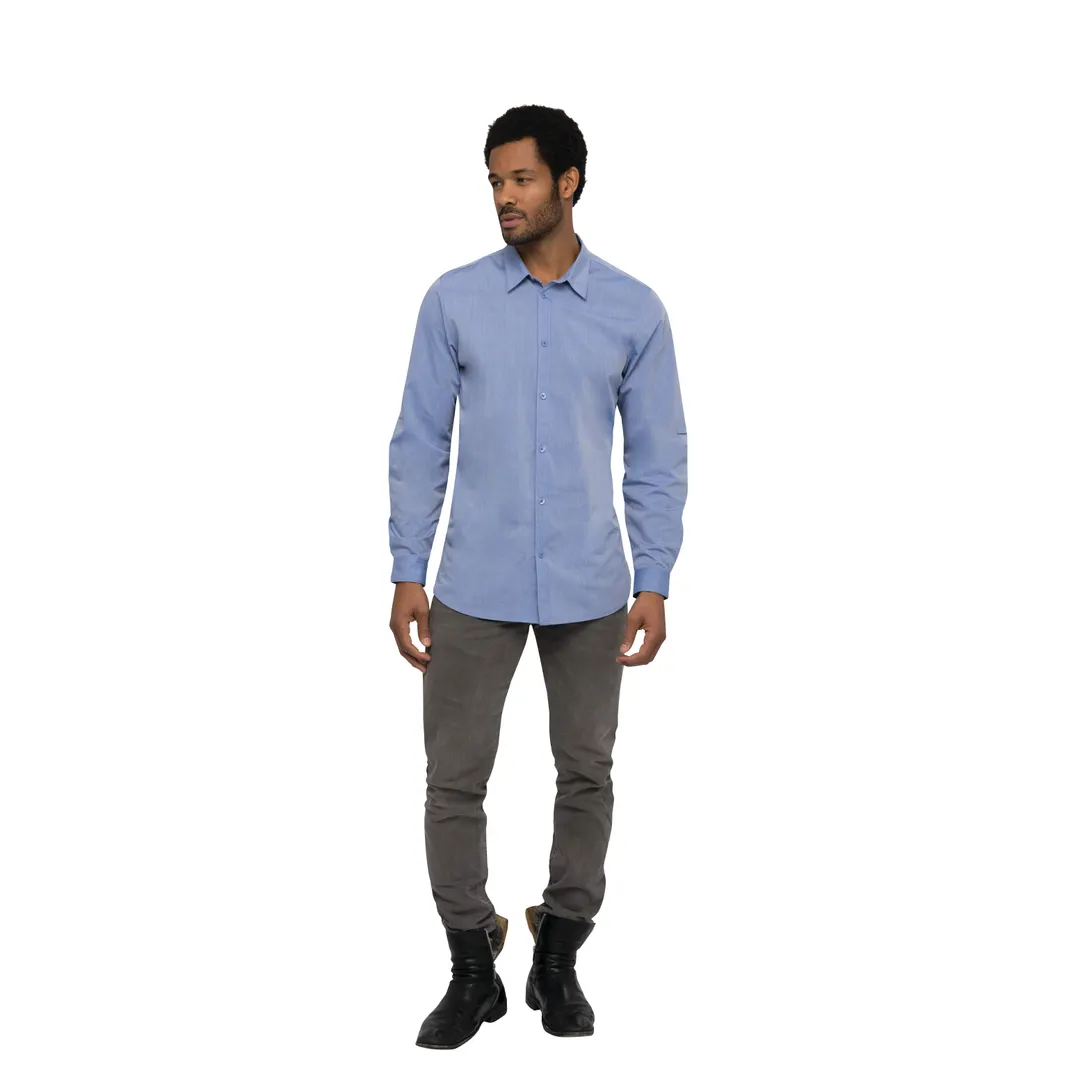 Chef Works SHC06-BLU-2XL Men's Chambray Dress Shirt, 2XL, 65/35 Poly/Cotton, Blue, Roll‑up Sleeves
