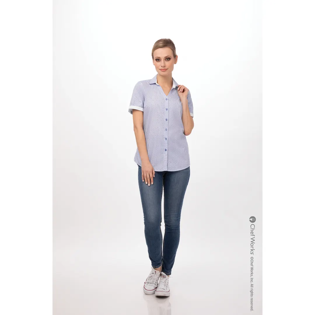 Chef Works SHC07W-BLU-XS Women's Cook Shirt, Short Sleeve, Blue, XSmall, 65/35 Poly/Cotton