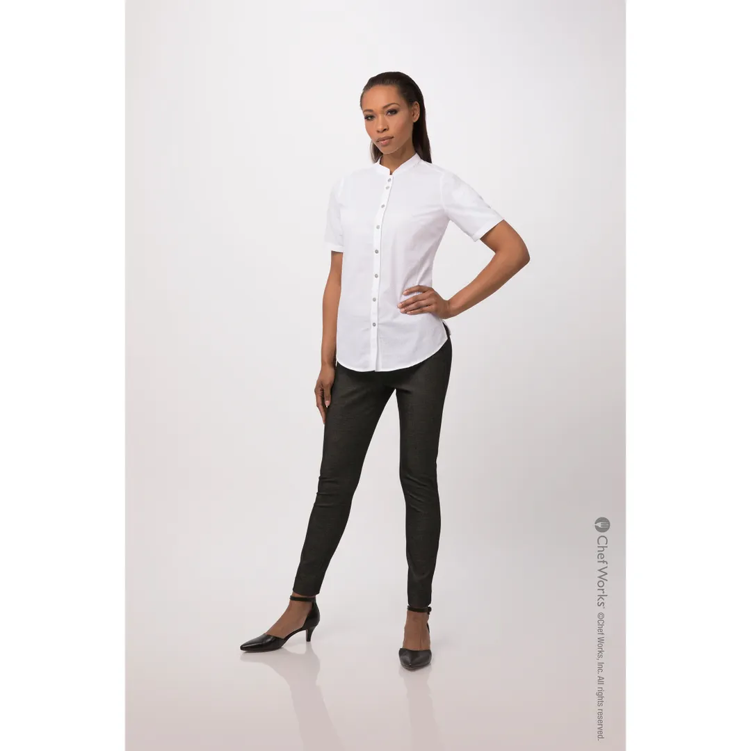 Chef Works SHC08W-WHT-L Women's Seersucker Cook Shirt Large White PolyCotton Short Sleeve Snap Front