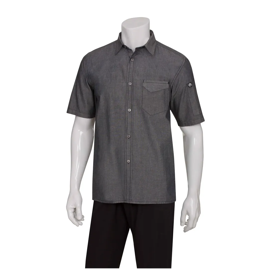 Chef Works SKS002-BLK-XS Men's Detroit Cook Shirt, Hybrid Short Sleeve, Black, XS, 100% Cotton Denim