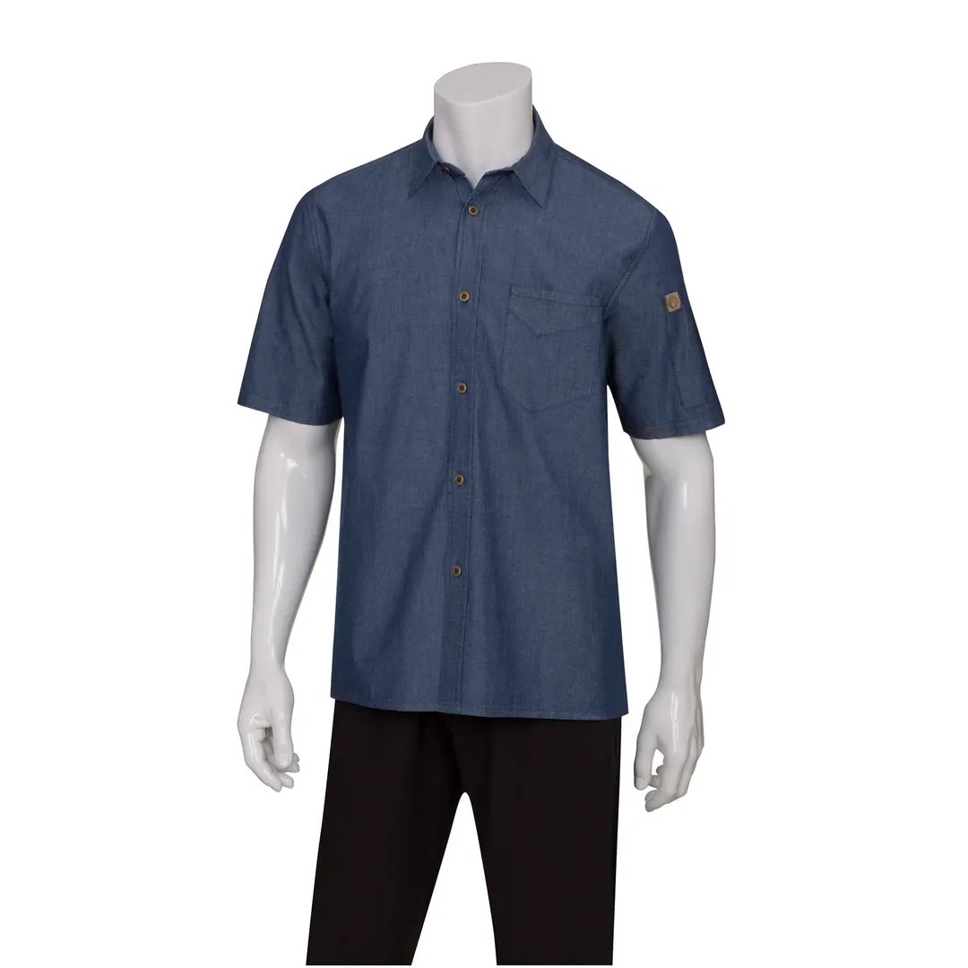Chef Works SKS002-IBL-S Men's Detroit Cook Shirt, Small, 100% Cotton Denim, Indigo Blue