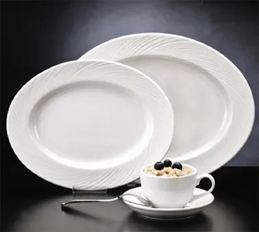 Libbey BO-1122 Oval Platter, 13.25" x 10.25" Bright White Porcelain Embossed Rim - 12/Case