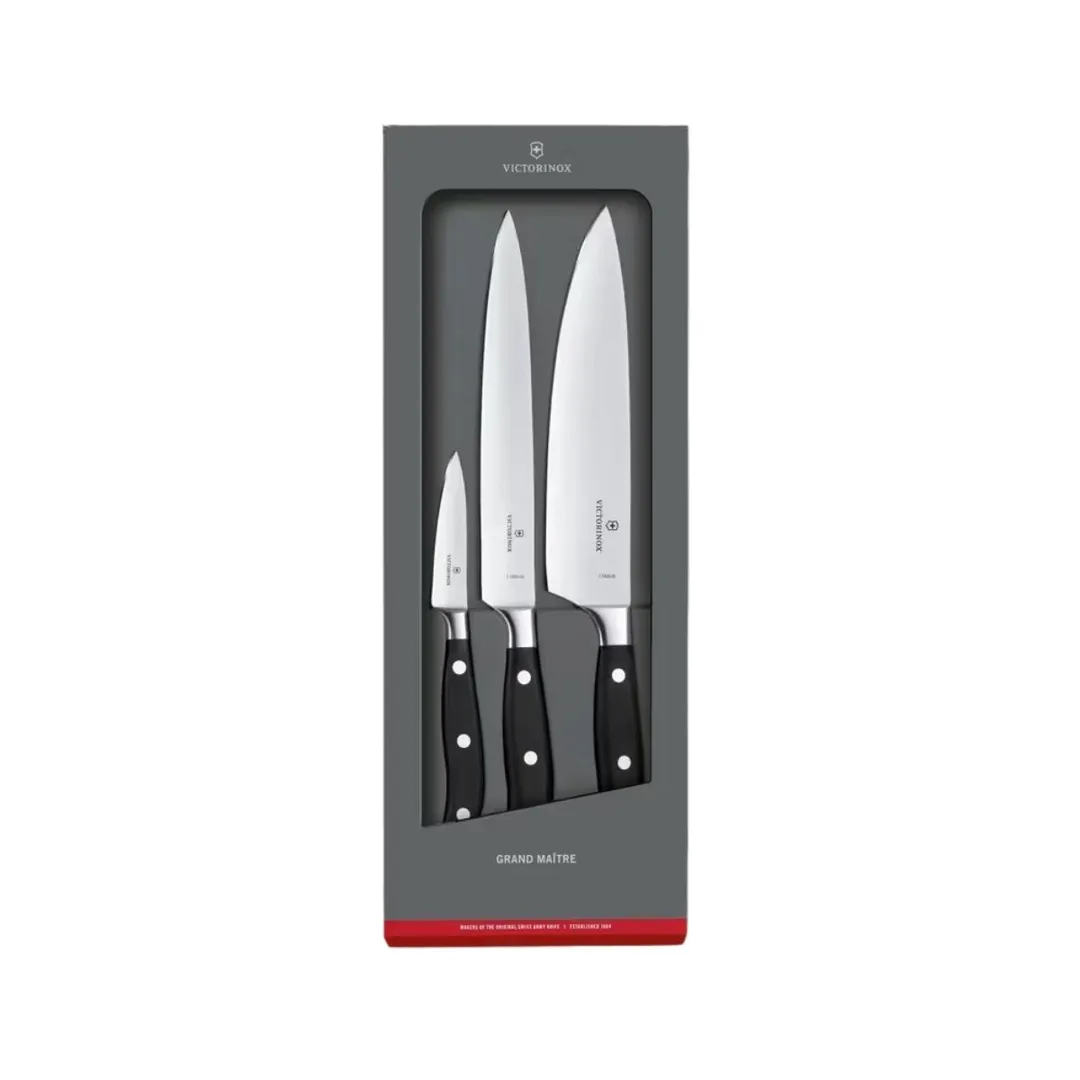 Victorinox 7.7243.3 Grand Maitre 3‑Piece Knife Set, 3½" Paring, 8" Slicing, 8" Chef’s, Black, Roll Bag