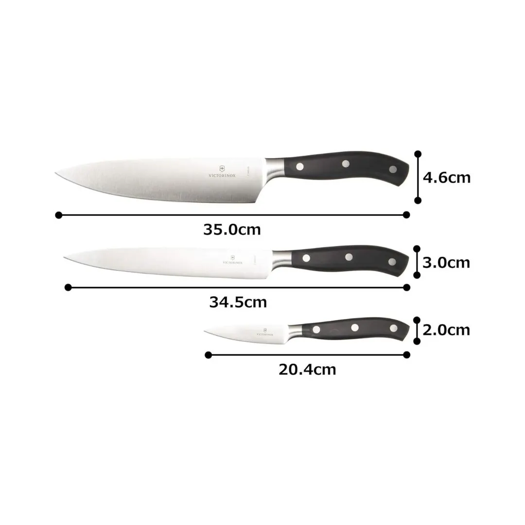 Victorinox 7.7243.3 Grand Maitre 3‑Piece Knife Set, 3½" Paring, 8" Slicing, 8" Chef’s, Black, Roll Bag