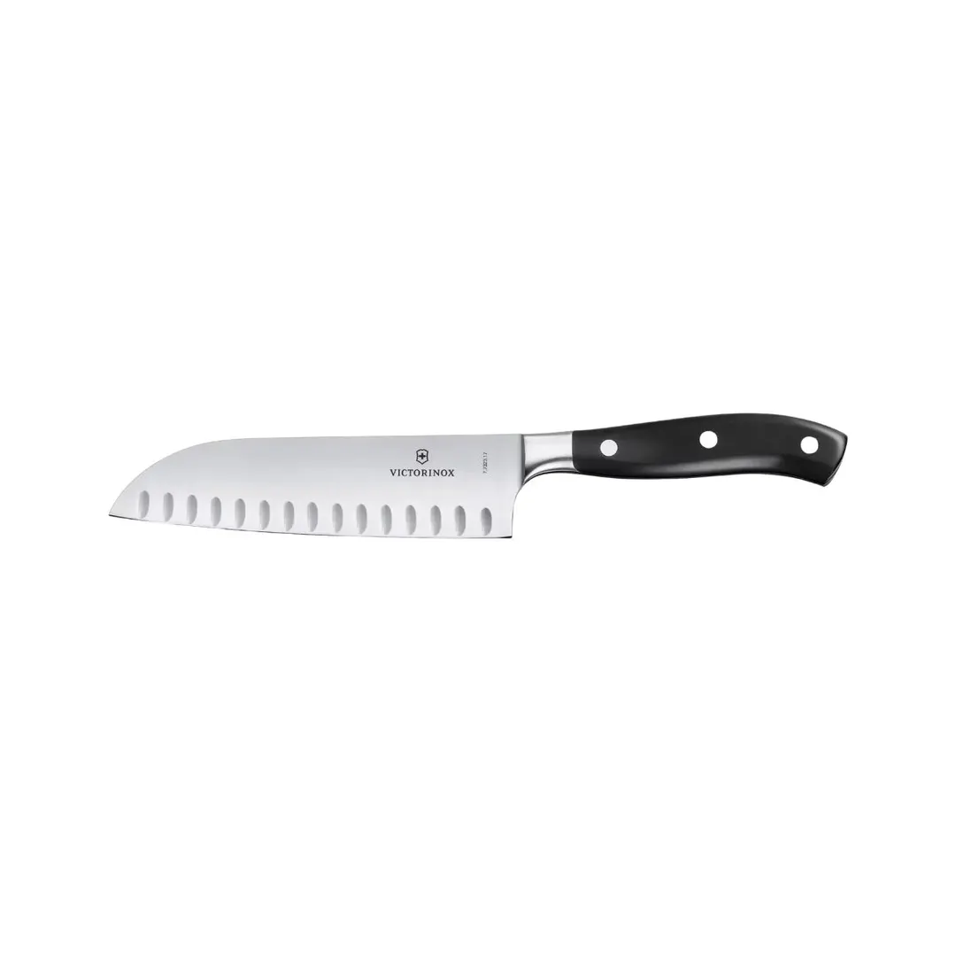 Victorinox 7.7323.17G Grand Maitre Forged Santoku Knife, 7" Granton Blade, Black Poly Handle