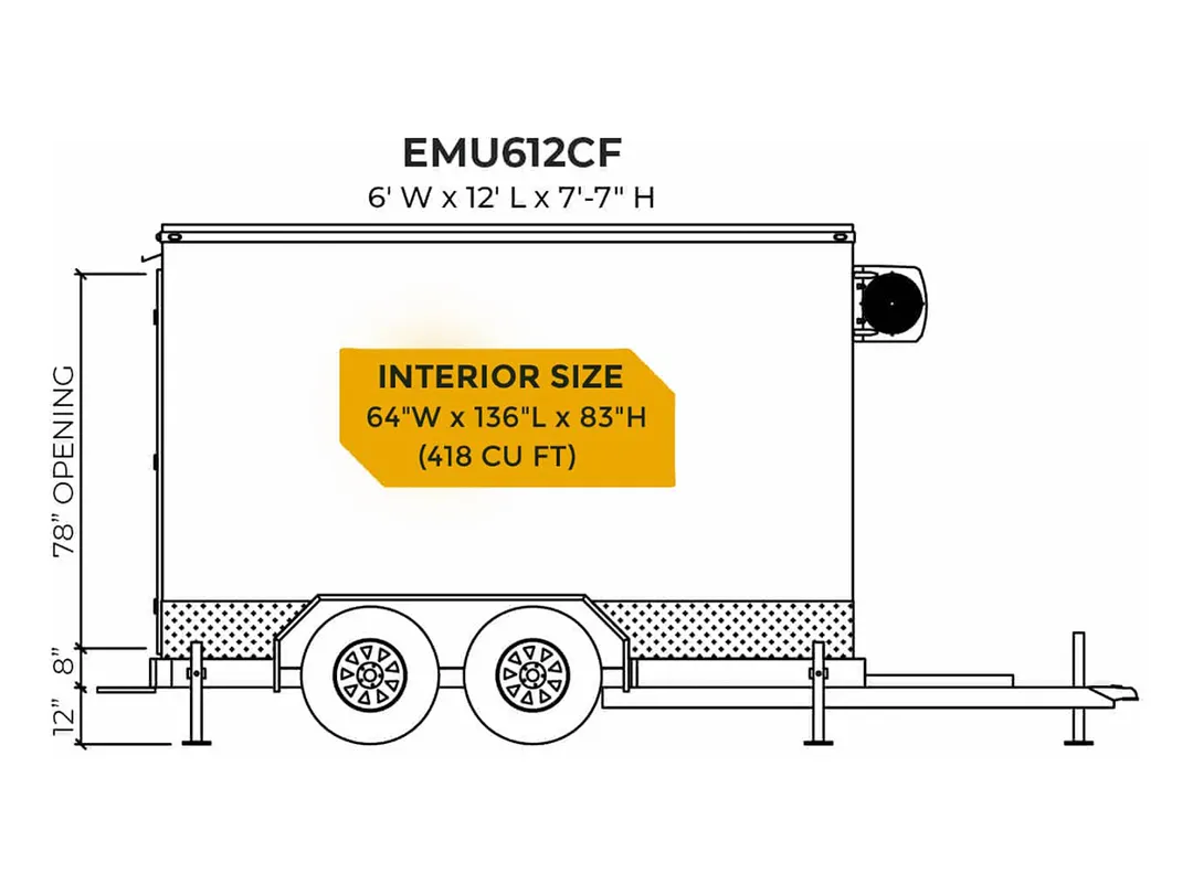 Everidge EMU612CF Mobile Cooler/Freezer Units, Refrigerated Trailer, 6' W x 12' L, 0°F - 50°F, 4" Insulated Walls, Govi Refrigeration System
