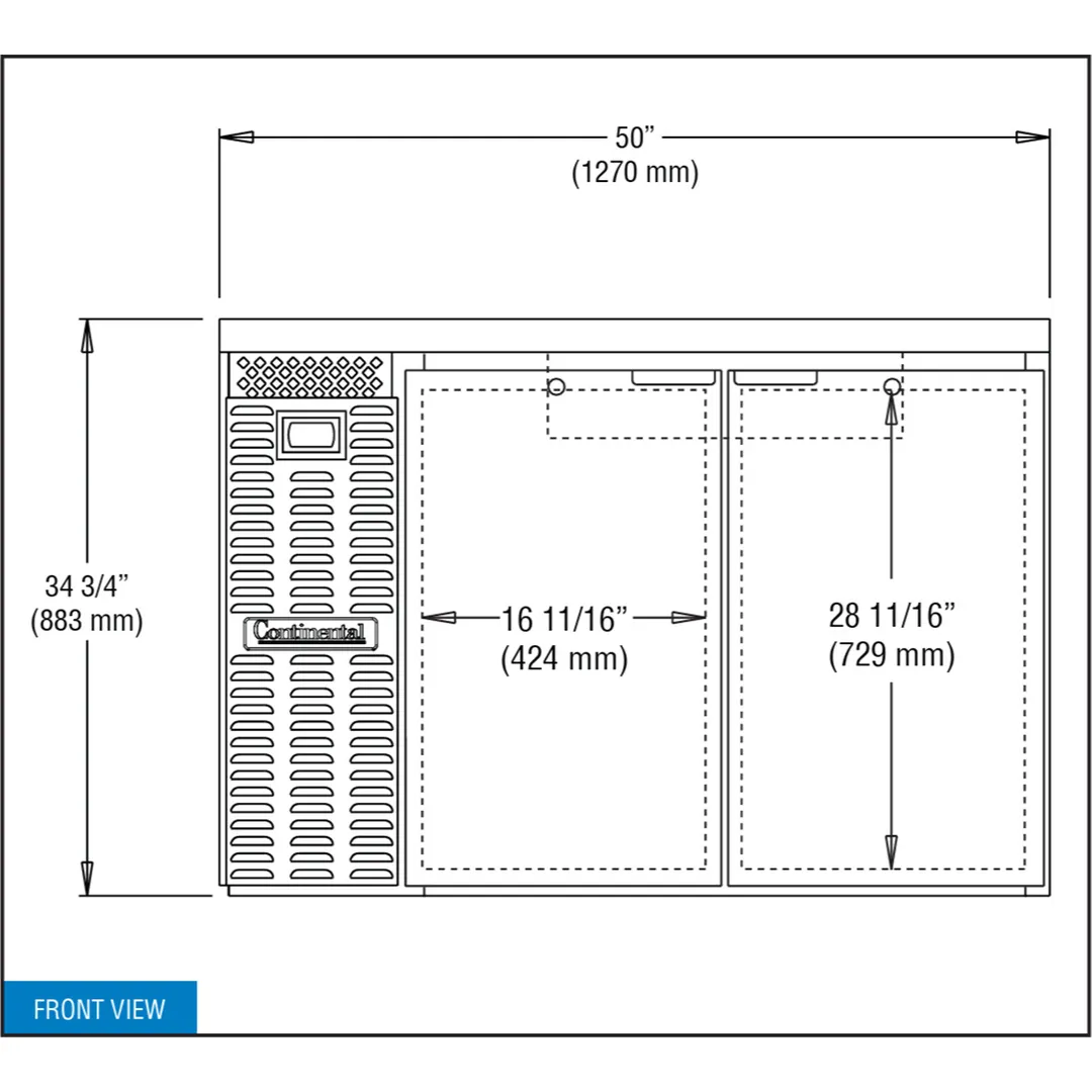 Continental Refrigerator BB50N Refrigerated Back Bar Cooler w/ 2 Solid Doors, 16 Cu Ft, 50" W