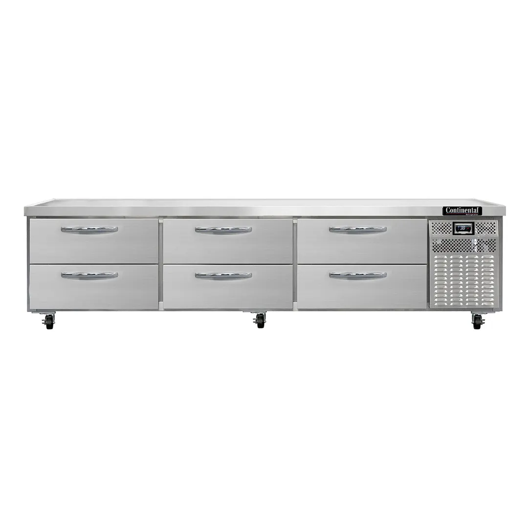 Continental Refrigerator D108GN 108" 6 Drawers Refrigerated Chef Base w/ Marine Edge, Griddle Stand