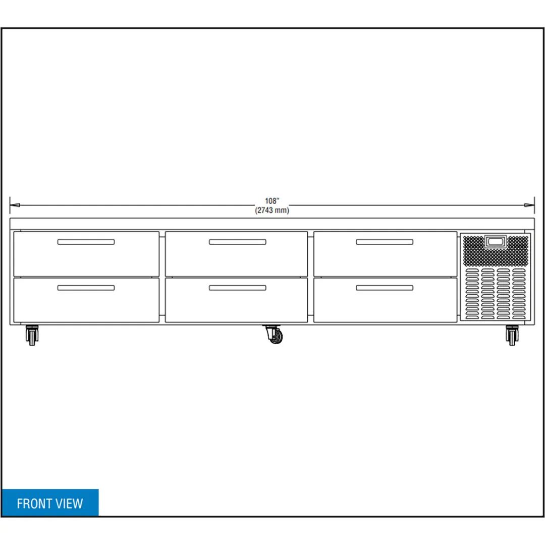 Continental Refrigerator D108GN 108" 6 Drawers Refrigerated Chef Base w/ Marine Edge, Griddle Stand