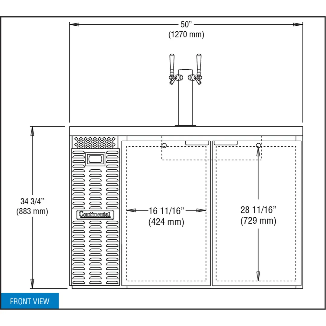 Continental Refrigerator KC50N – 50" Keg Cooler, 16 Cu ft, Black Enamel, 2‑Tap Column, Digital
