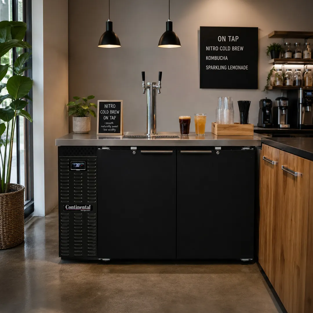 Continental Refrigerator KC50N – 50" Keg Cooler, 16 Cu ft, Black Enamel, 2‑Tap Column, Digital