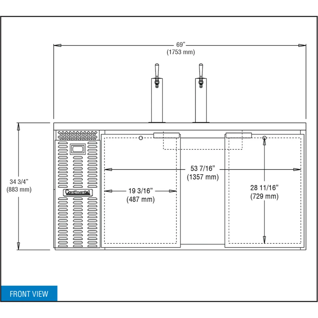 Continental Refrigerator KC69N – 69" 2‑Column Keg Cooler, 26 Cu Ft, Black Enamel/Steel, R290, 1/4 HP