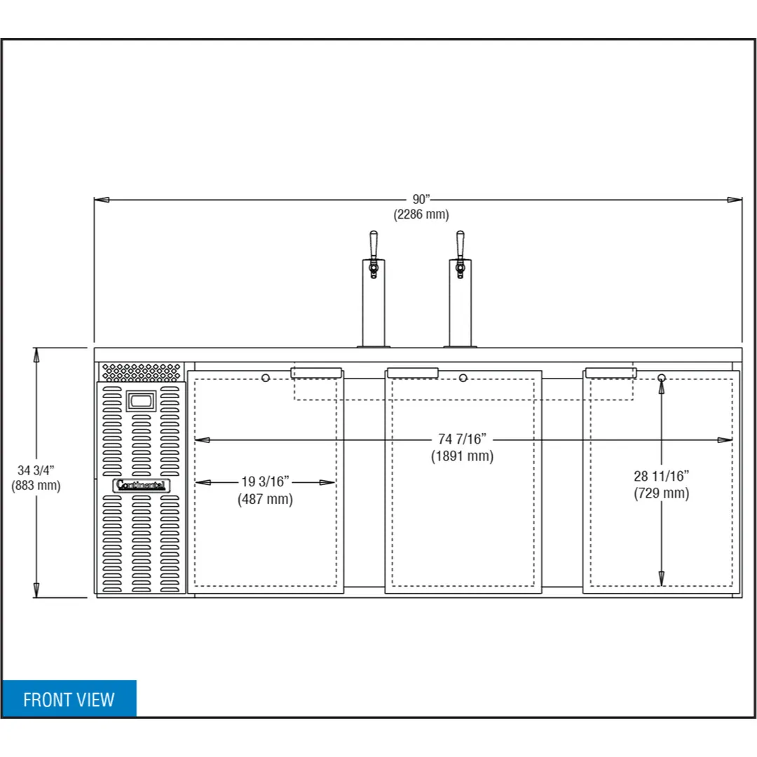 Continental Refrigerator KC90N – 90" 2‑Column Keg Cooler, 35 cu ft, Black, 4‑Barrel, R290, Stainless