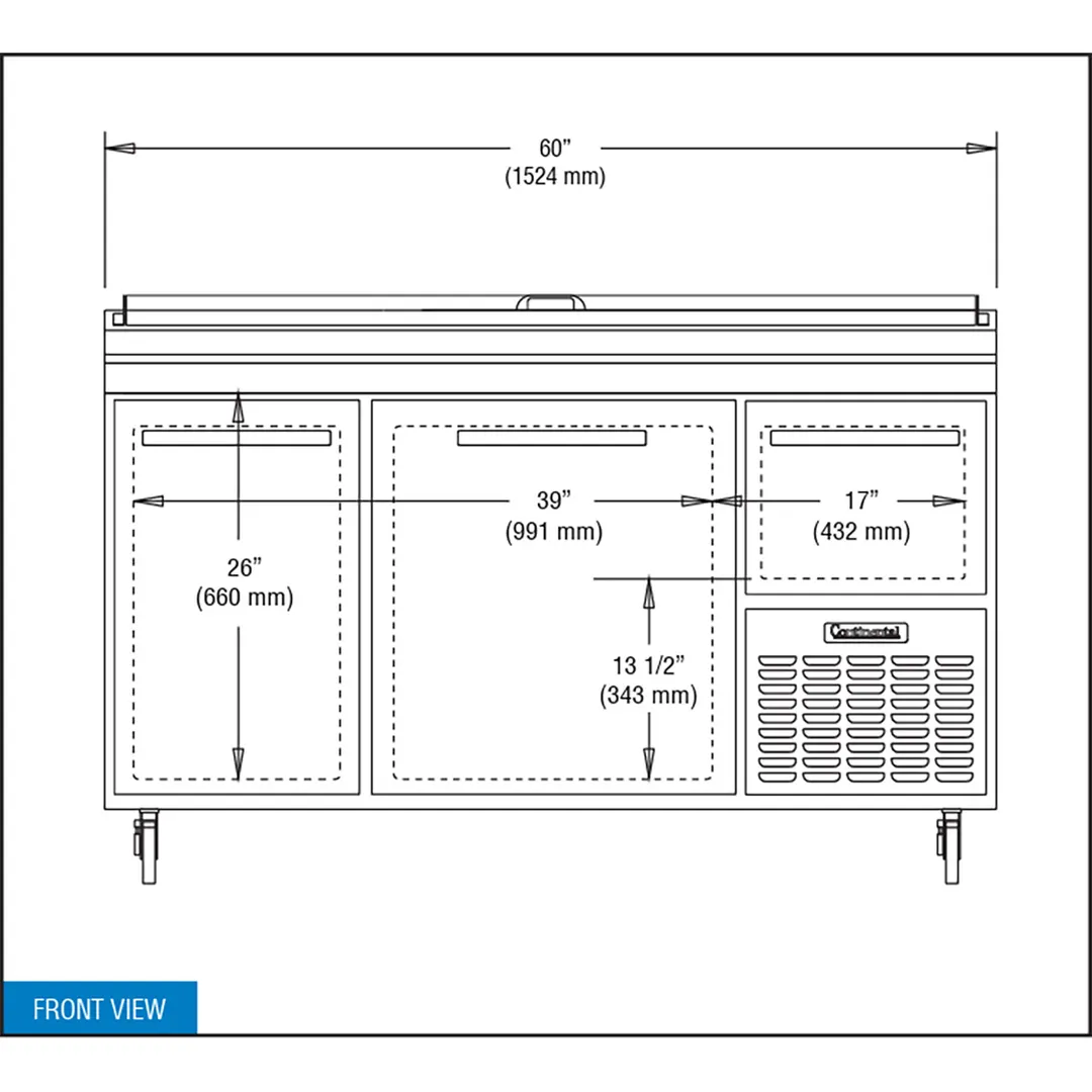 Continental Refrigerator PA60N 60" Pizza Prep Table w/ 2 Full & 1 Half Doors, 19 cu. ft.