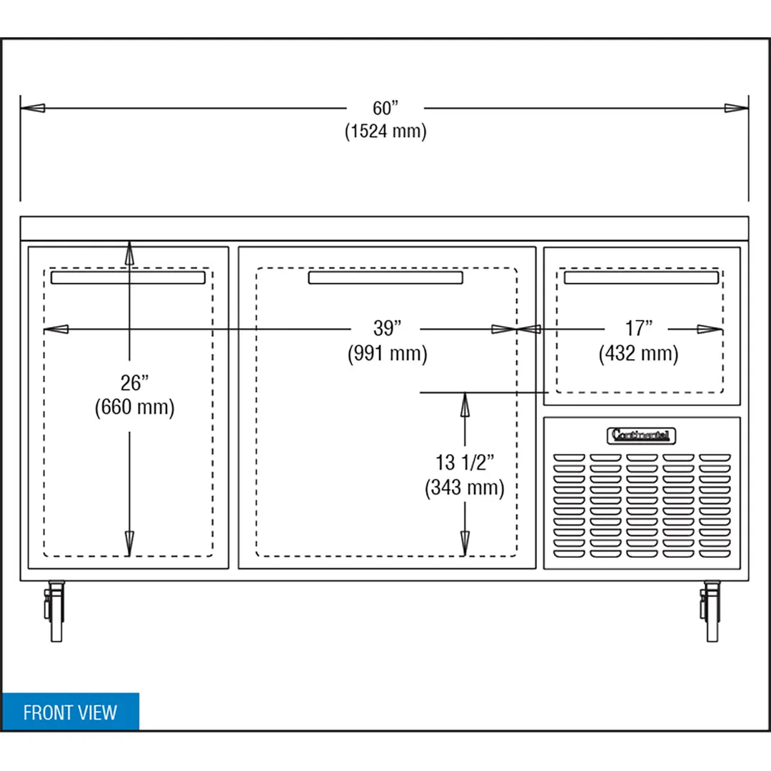 Continental Refrigerator RA60N 60" WorkTop Refrigerator w/ 2 Full & 1 Half Doors, 19 cu. ft.