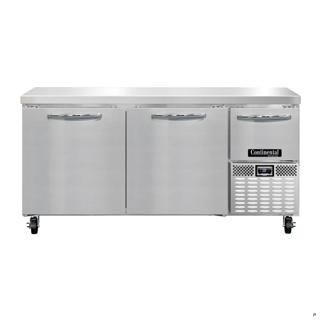 Continental Refrigerator RA68N 68" Worktop Refrigerator w/ 2 Full & 1 Half Doors, Stainless Steel Flat Top