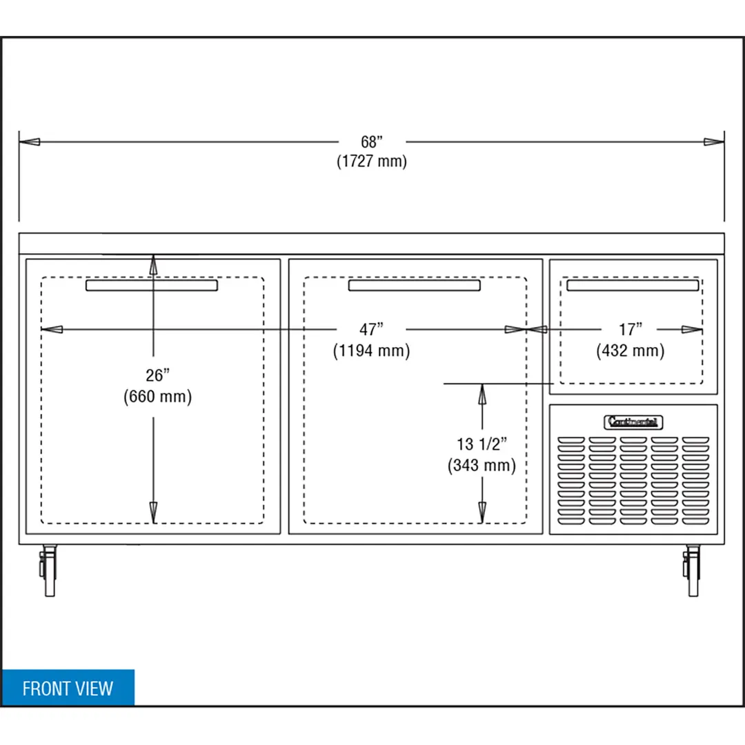 Continental Refrigerator RA68N 68" Worktop Refrigerator w/ 2 Full & 1 Half Doors, Stainless Steel Flat Top