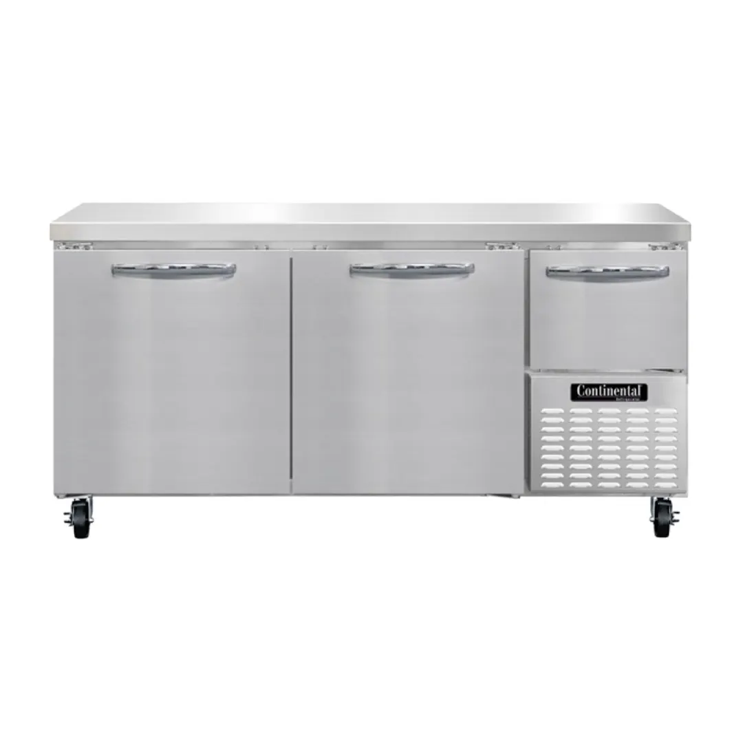 Continental Refrigerator RA68N 68" Worktop Refrigerator w/ 2 Full & 1 Half Doors, Stainless Steel Flat Top