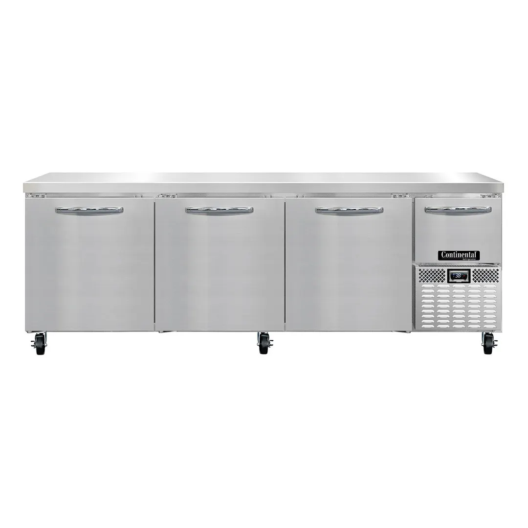 Continental Refrigerator RA93N 93" Worktop Refrigerator w/ 3 Full & 1 Half Doors, Stainless Steel Flat Worktop