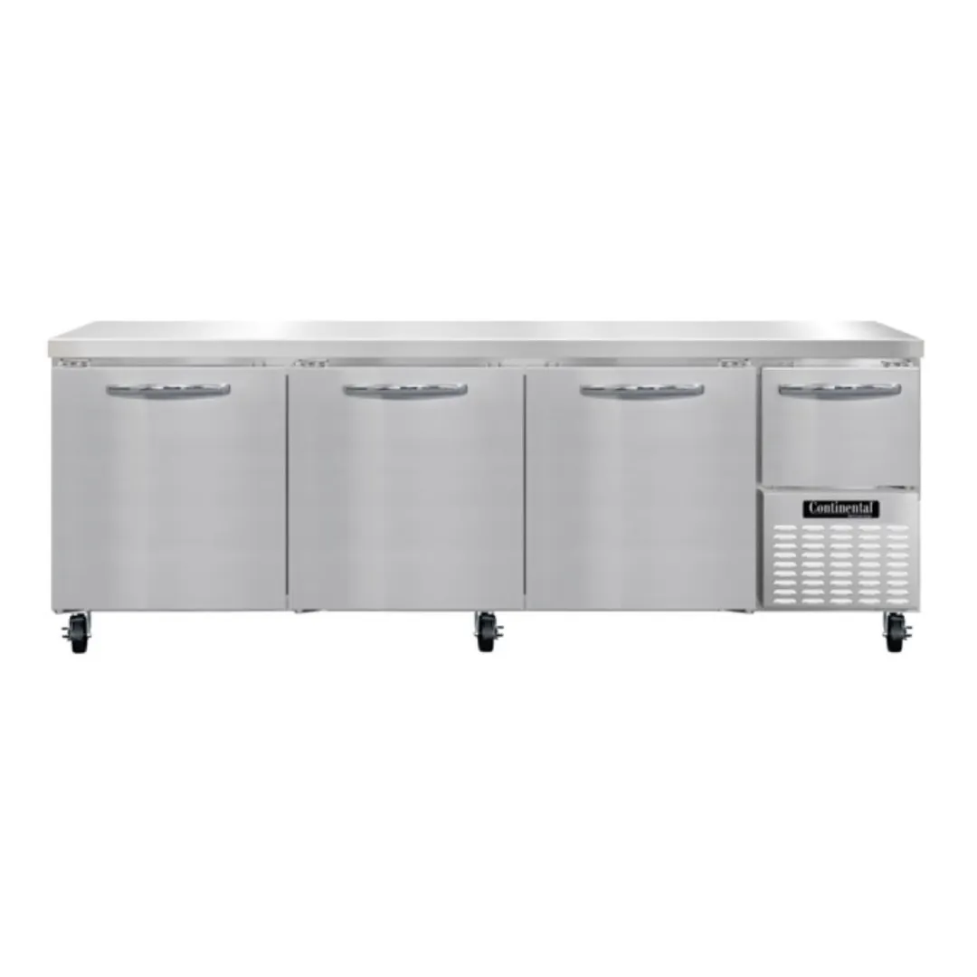 Continental Refrigerator RA93N 93" Worktop Refrigerator w/ 3 Full & 1 Half Doors, Stainless Steel Flat Worktop