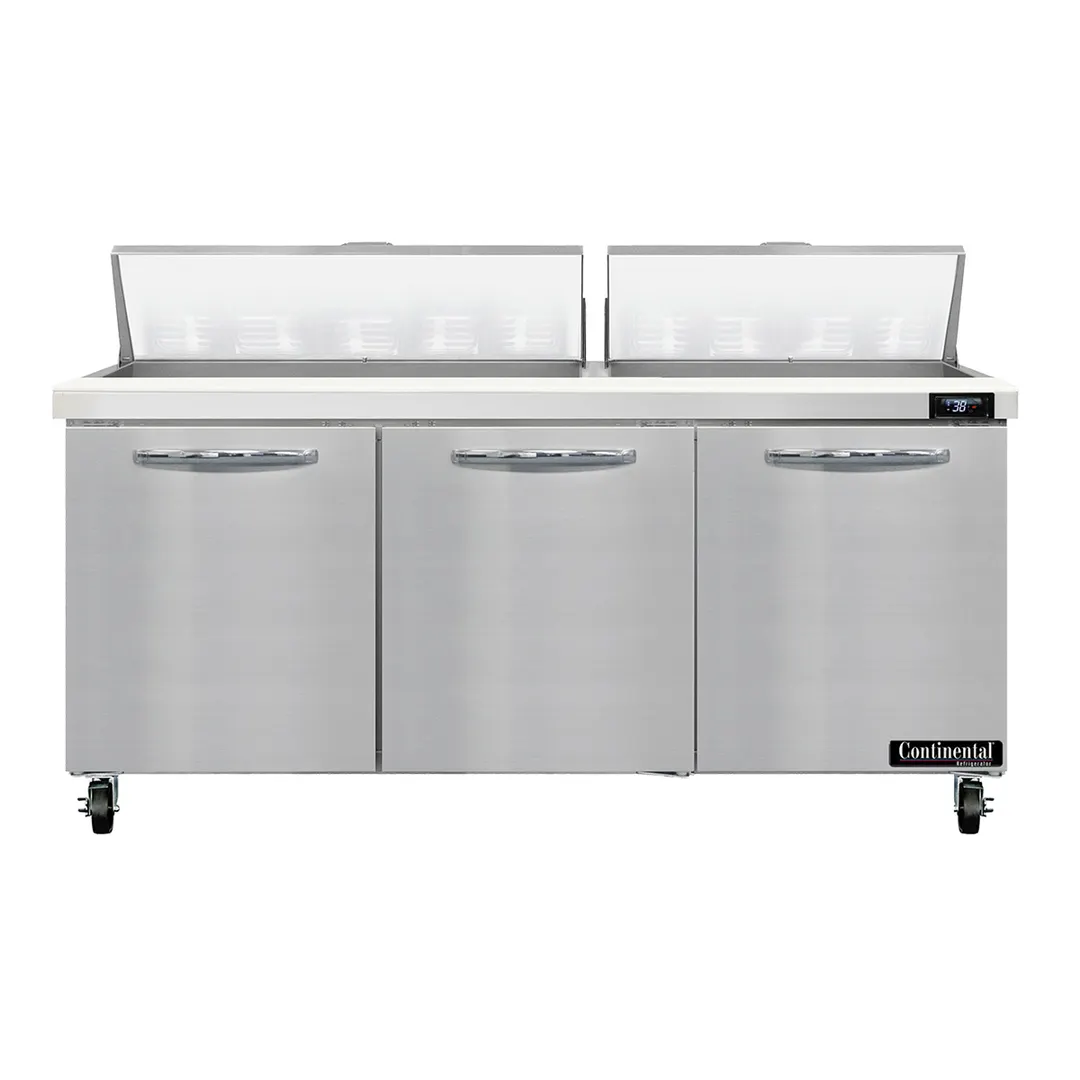 Continental Refrigerator SW72N18 72" 3-Door Sandwich and Salad Prep Table, 18 Pans, Stainless Steel Exterior