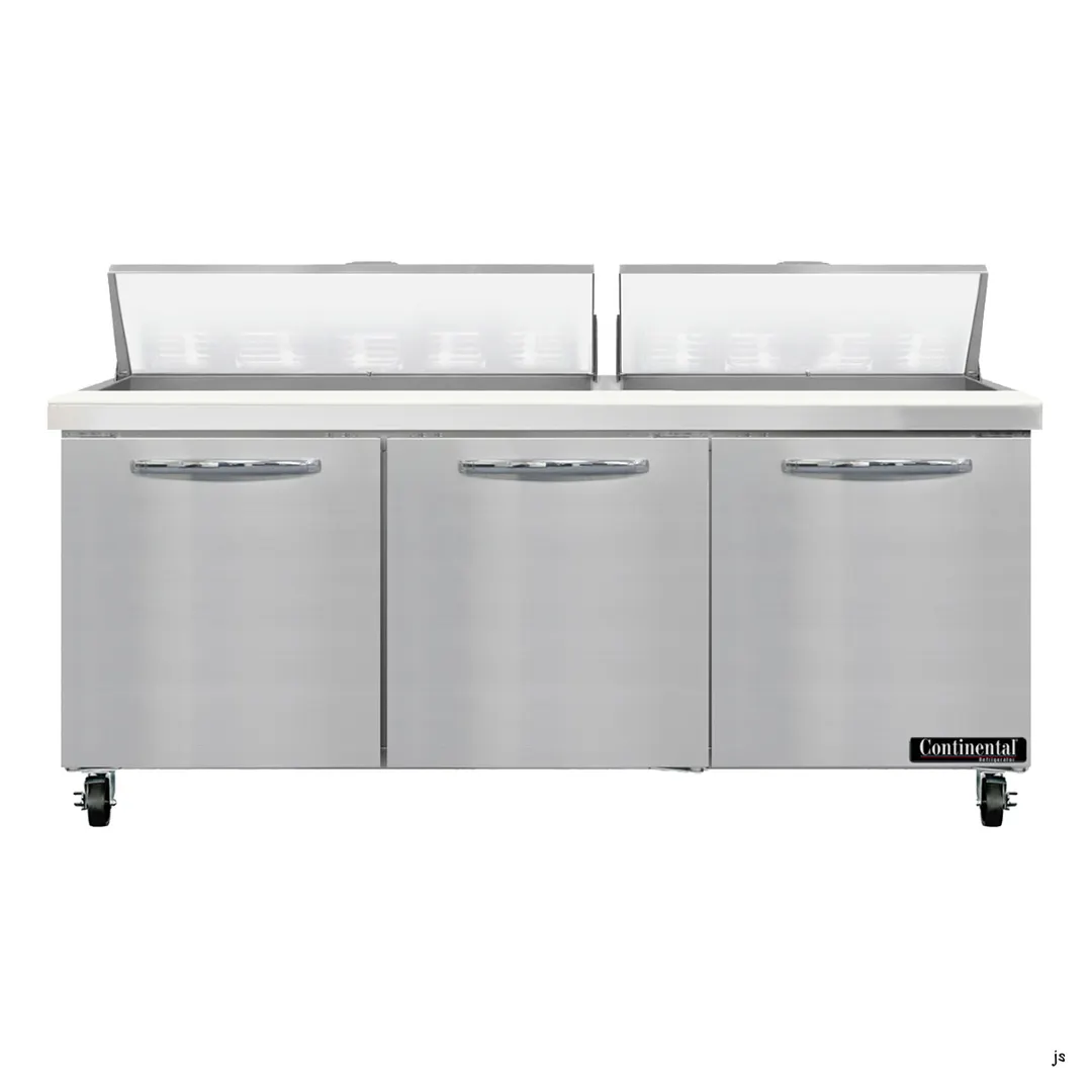 Continental Refrigerator SW72N18 72" 3-Door Sandwich and Salad Prep Table, 18 Pans, Stainless Steel Exterior