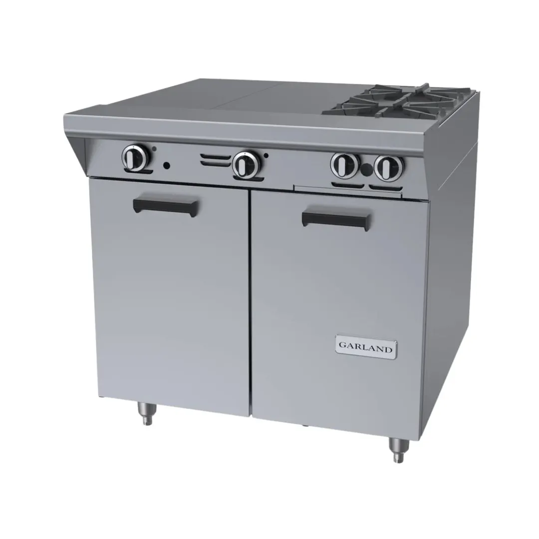 Garland US Range M43-2S 34" Gas Heavy Duty Range w/ (2) Open Burners, (2) Even Heat Hot Tops, (1) Cabinet Base, 92.000 BTU